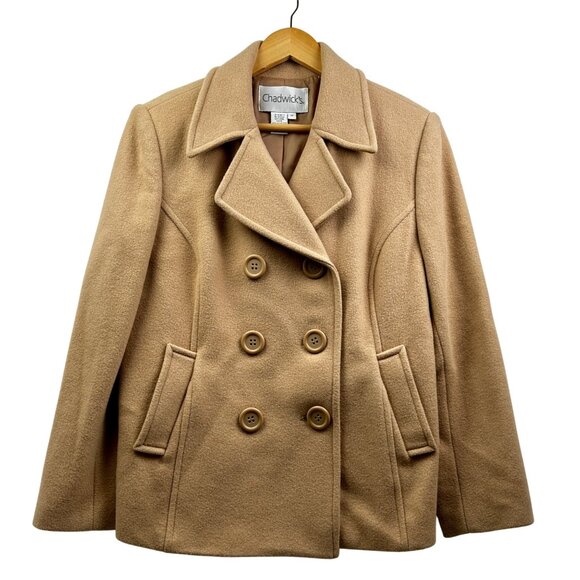 Chadwicks Wool Peacoat Womens 12P Tan Camel Double Breastd Jacket Timeless Style - Picture 1 of 8